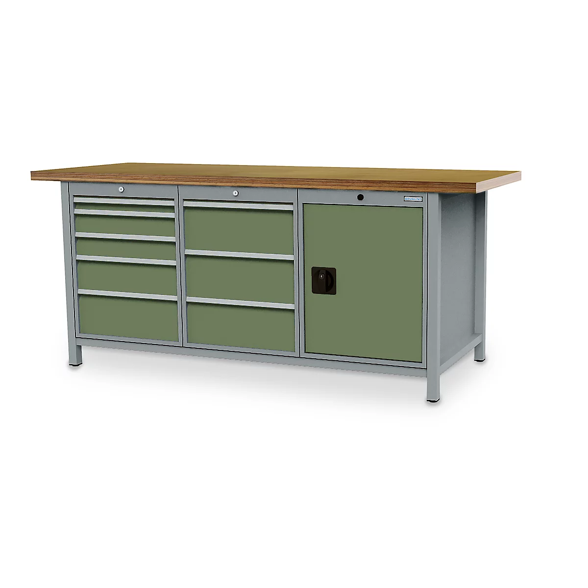 Etabli en caisson Bedrunka+Hirth, plateau de travail en multiplex hêtre, 8 tiroirs &amp; 1 porte battante + tablette, verrouillable, jusqu'à 1000 kg, L 2000 x P 750 x H 859 mm