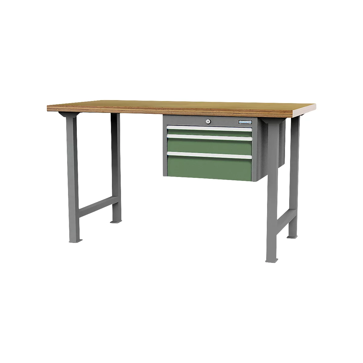 Établi avec plateau en bois, pieds en acier gris et bloc de tiroirs vert. Les tiroirs ont des poignées argentées.