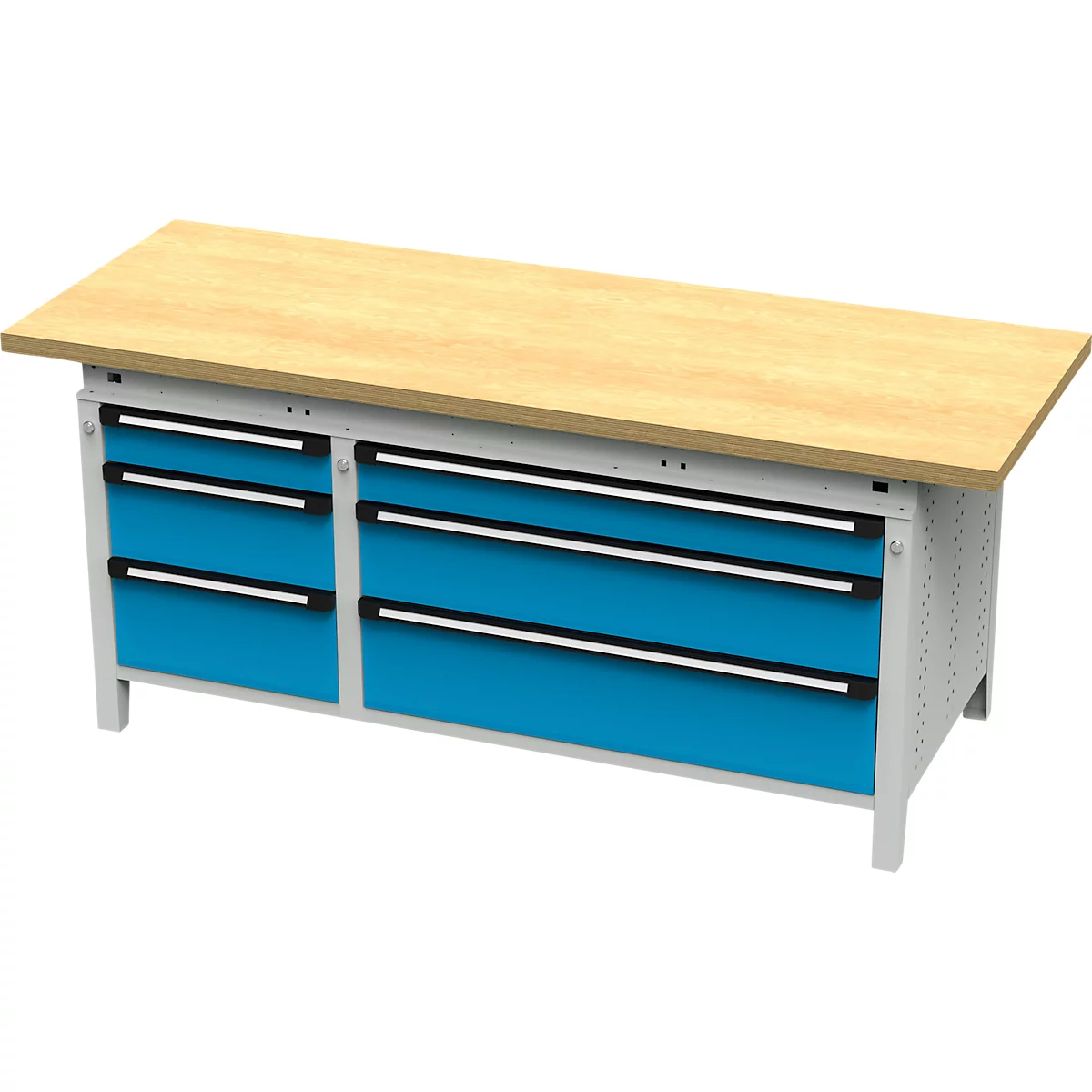 Établi avec tiroirs bleus et dessus en bois.