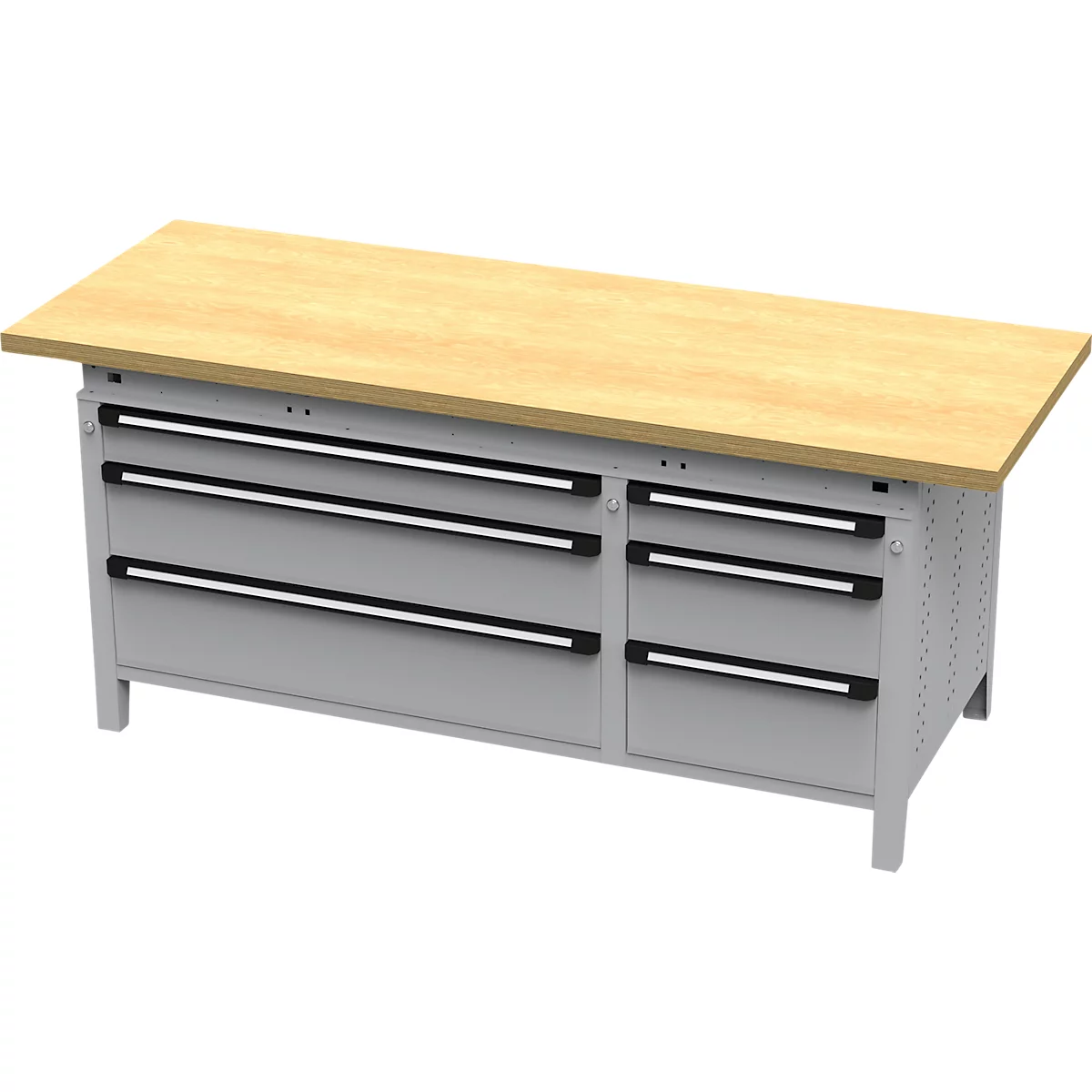 Établi avec plateau en bois et tiroirs gris. Poignées noires, cadre métallique.