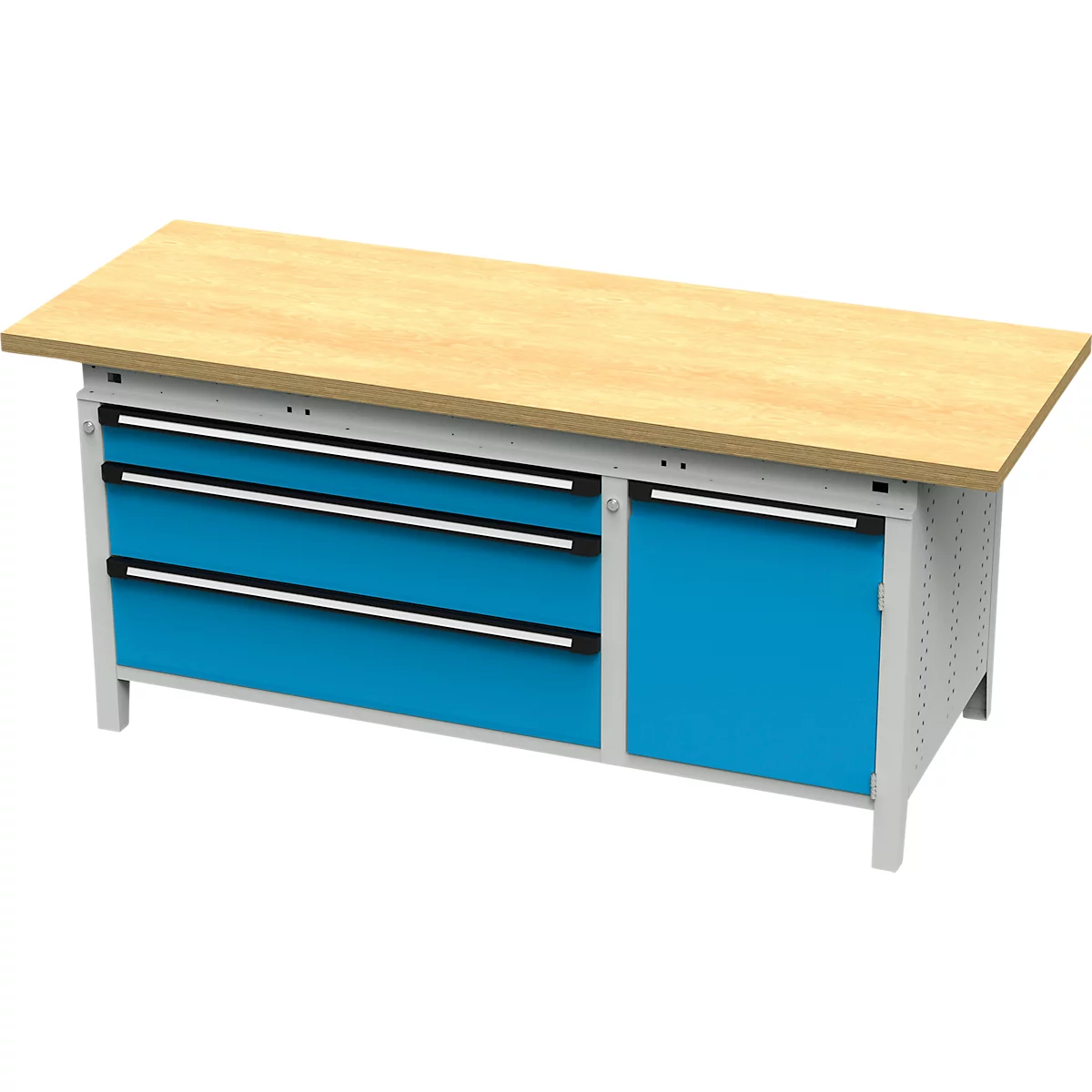 Établi avec plateau en bois, tiroirs bleus et porte de placard. Cadre gris, sur fond blanc.