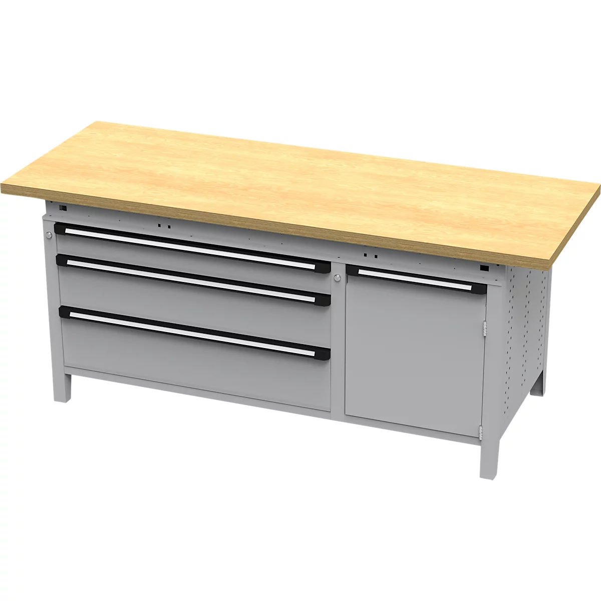 Établi avec plateau en bois, trois tiroirs, porte de placard et cadre en métal gris.