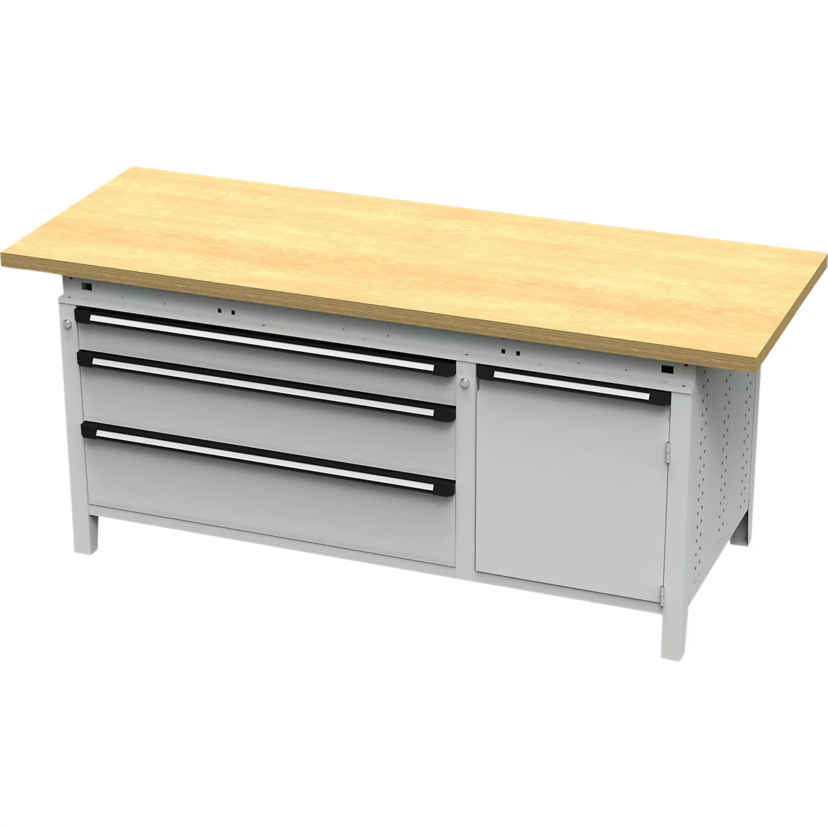 Établi avec un dessus en bois brun clair et des tiroirs et une armoire gris, sur fond neutre.