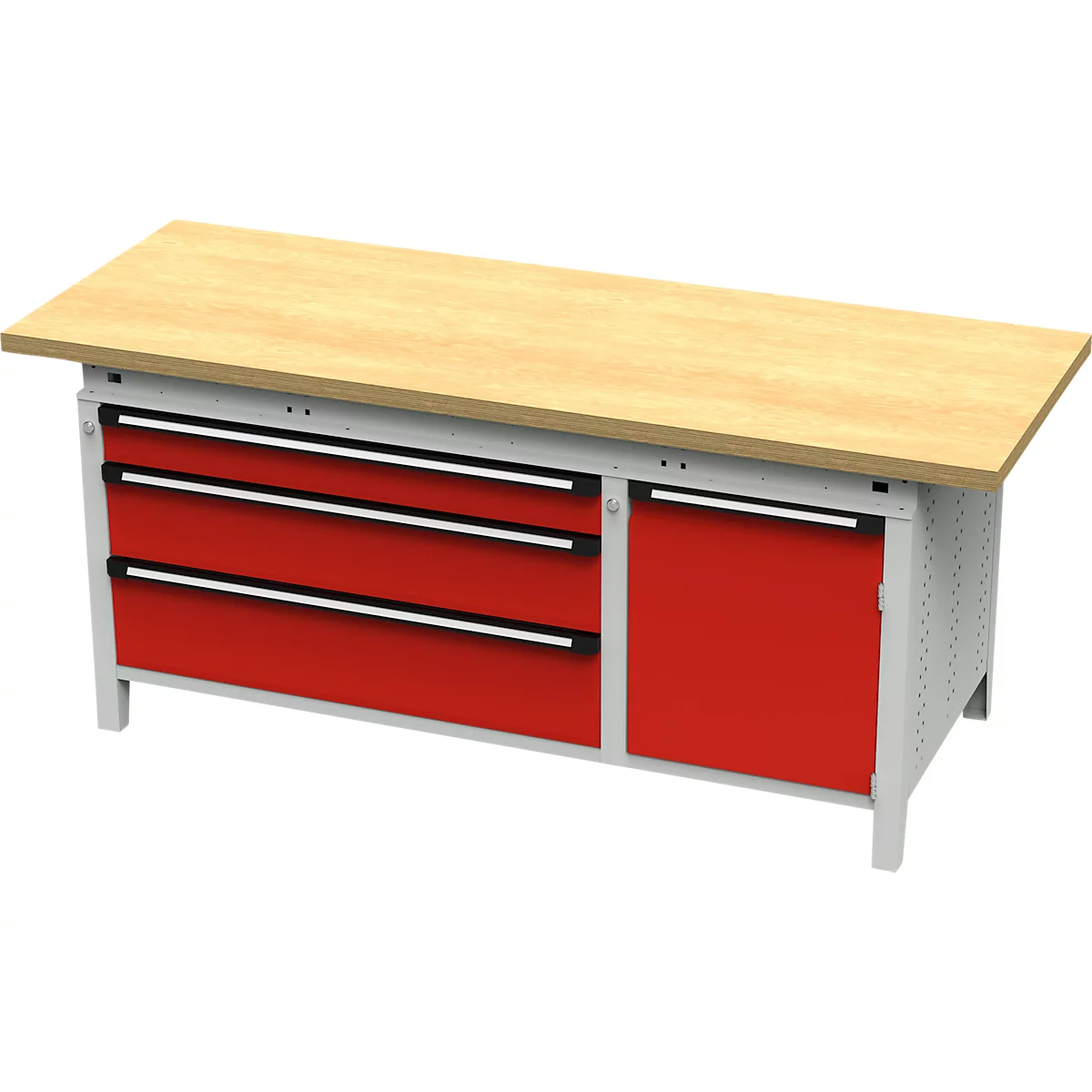 Établi avec plateau en bois et tiroirs rouges.