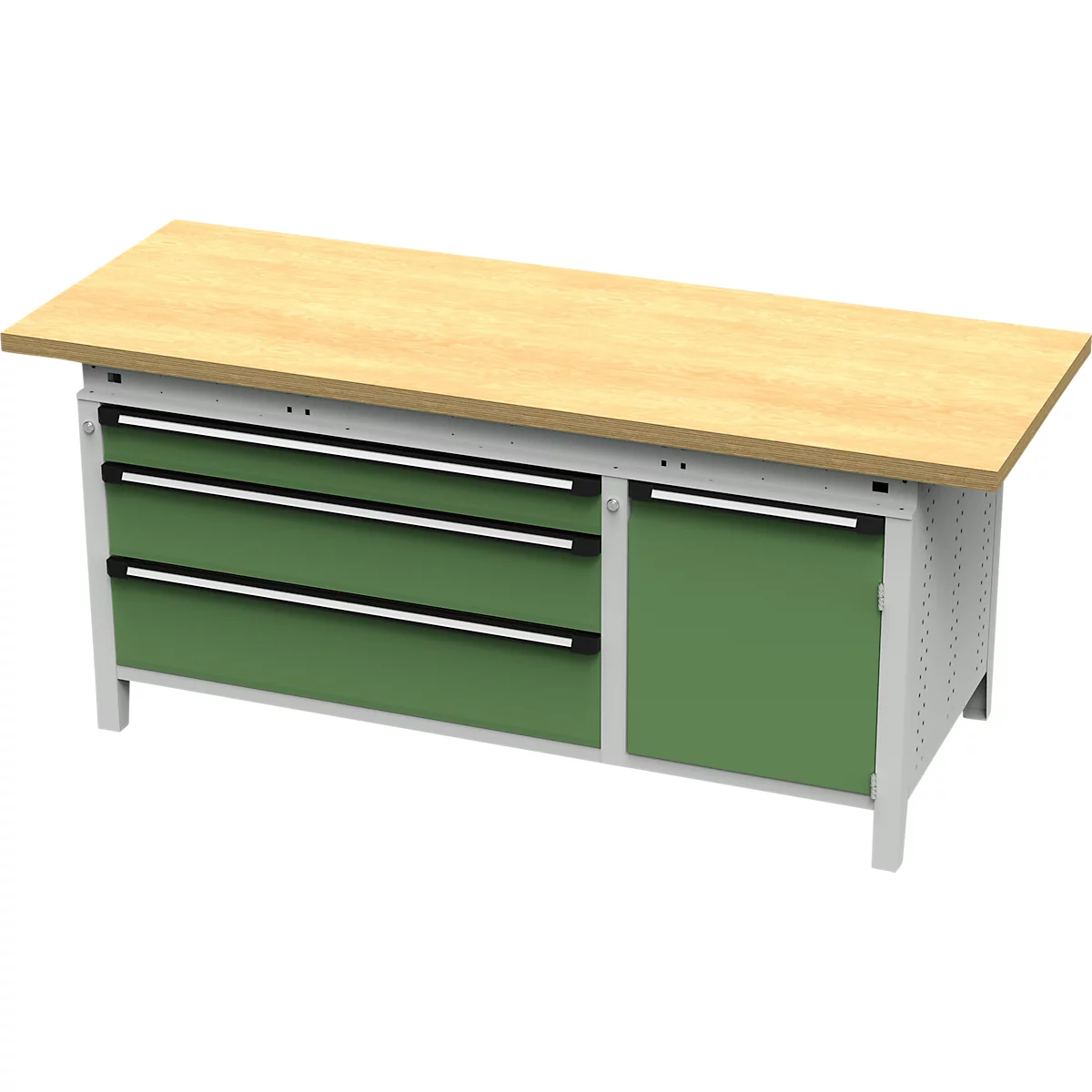 Établi avec tiroirs verts et un plateau en bois clair.