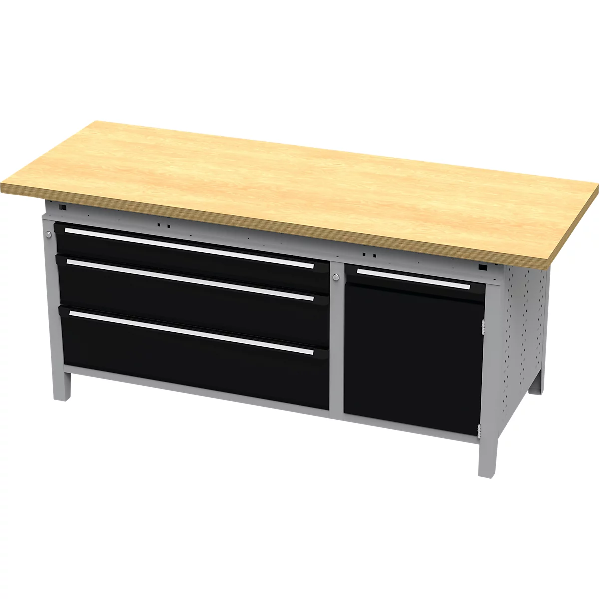 Établi avec plateau en bois clair, trois tiroirs et une porte en noir, et cadre en métal gris.