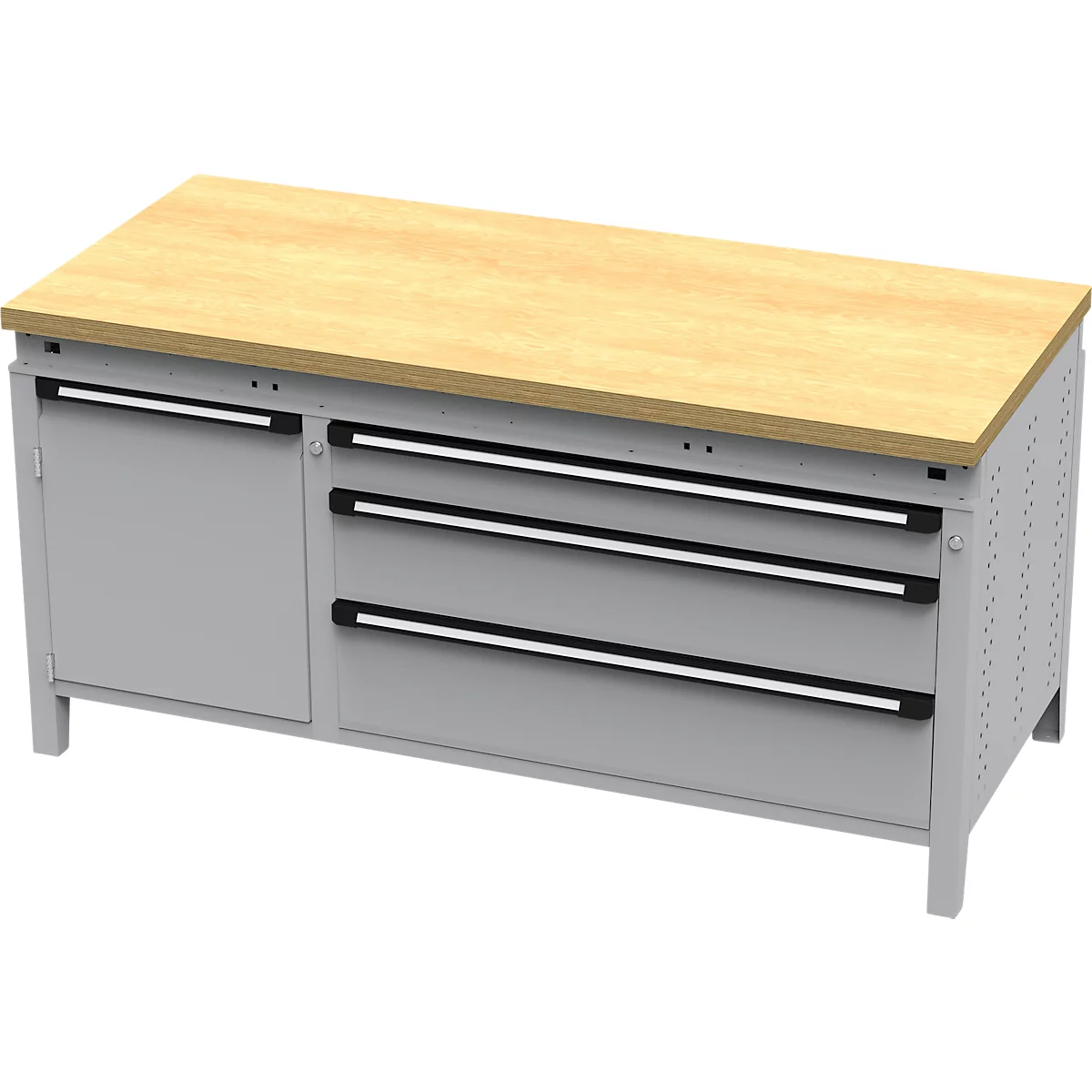 Établi avec plateau en bois et tiroirs et armoire gris.