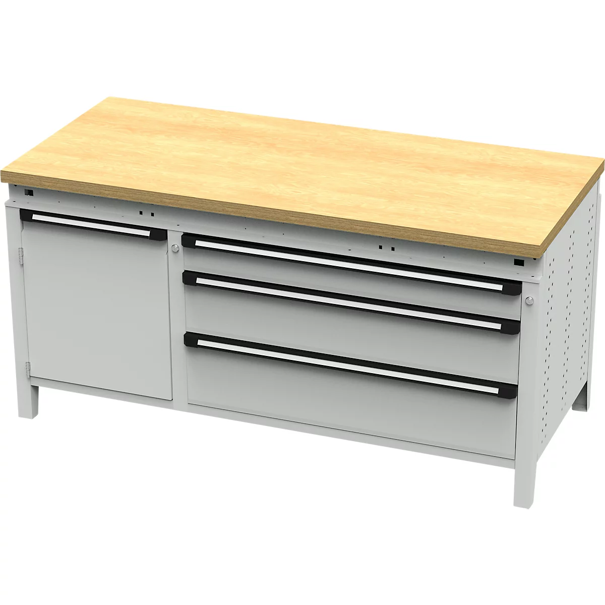 Établi en métal avec plateau en bois, tiroirs et armoire.