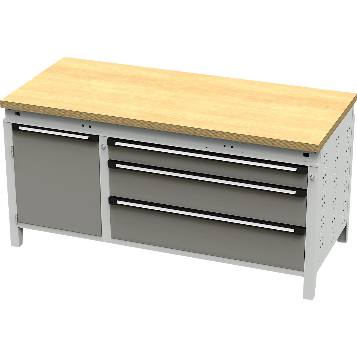 Établi avec plateau en bois, armoire grise et tiroirs.
