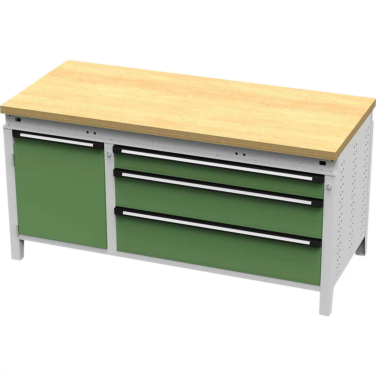 Établi avec plateau en bois brun clair, tiroirs et armoire verts. Les côtés sont gris clair.