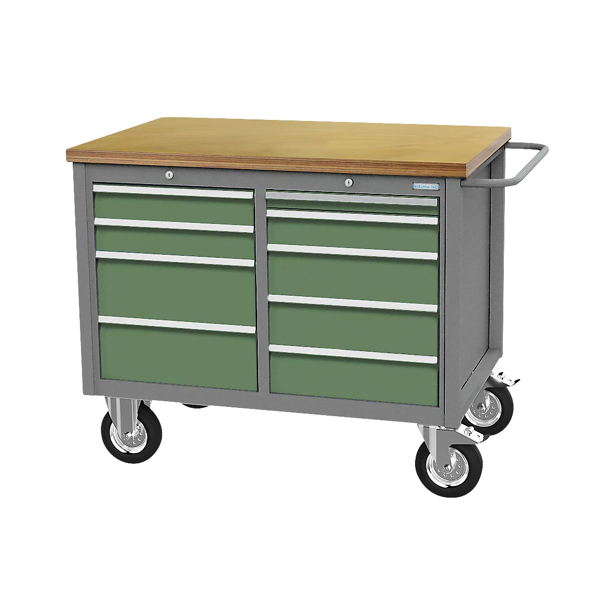 Etabli mobile Bedrunka+Hirth, plateau de travail en multiplex hêtre, 9 tiroirs, poignée de poussée, verrouillable, jusqu'à 700 kg, L 1250 x P 750 x H 995 mm, tôle d'acier