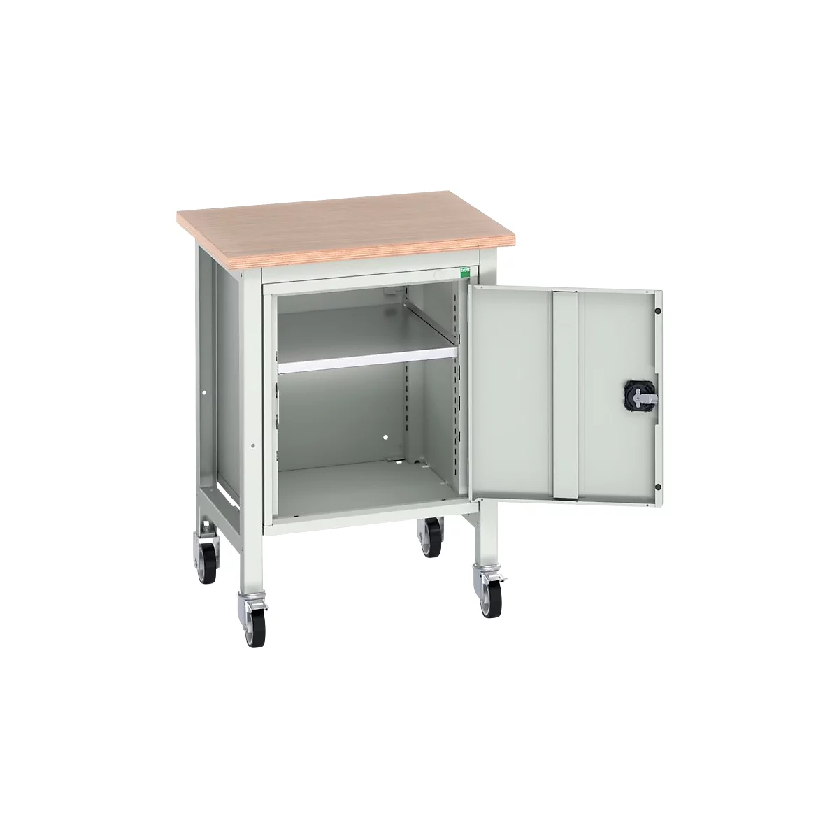Etabli mobile Bott verso, plateau en multiplex, 1 porte &amp; 1 tablette, roulettes, L 700 x P 600 x H 930 mm, RAL 7035 gris clair