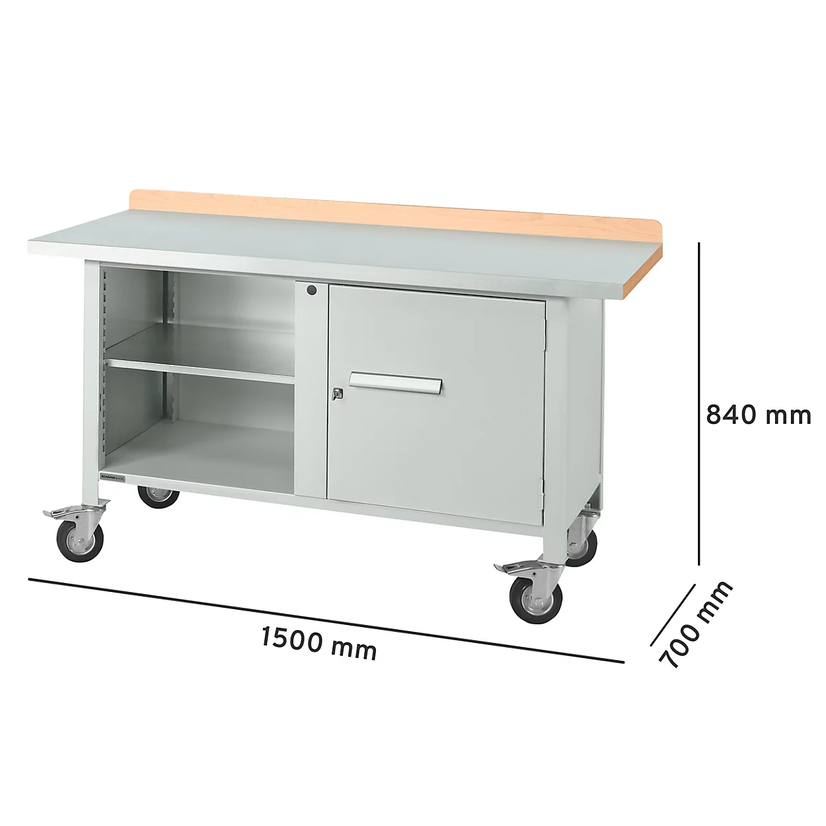Établi en métal, avec roues, armoire et tiroirs. Dimensions 1500 x 700 x 840 mm.