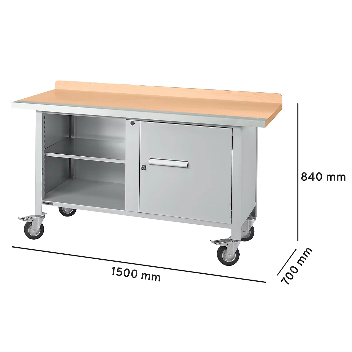 Établi avec dessus en bois, armoire et roulettes, dimensions : 1500 x 700 x 840 mm.