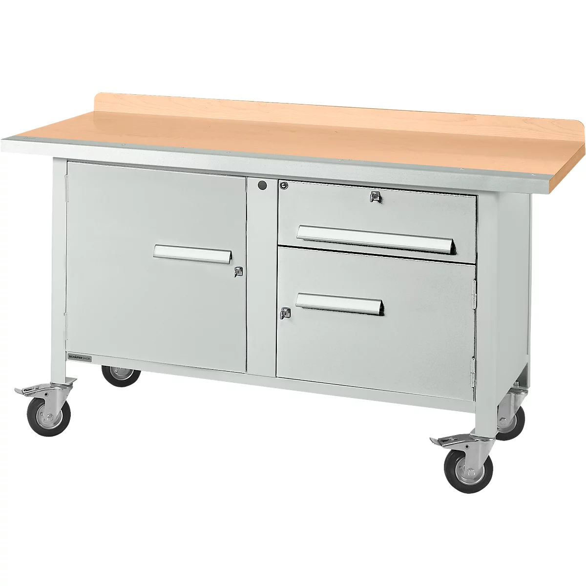 Etabli mobile Schäfer Shop Select PWi 150-3, plateau en hêtre multiplex, avec chant en acier, jusqu'à 400 kg, L 1500 x P 700 x H 840 mm