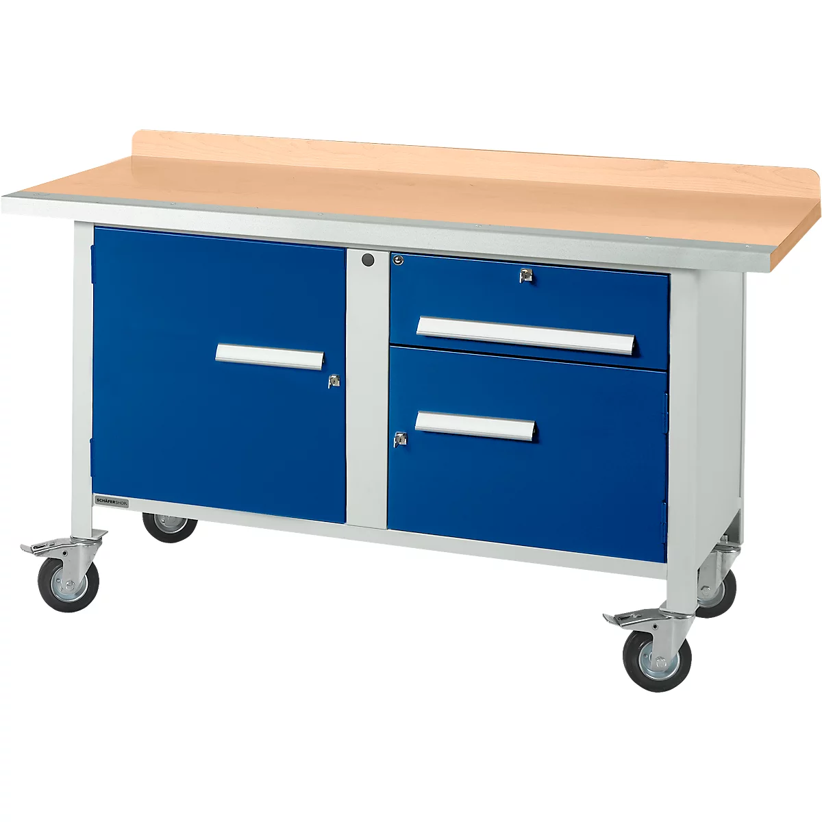Etabli mobile Schäfer Shop Select PWi 150-3, plateau en hêtre multiplex, avec chant en acier, jusqu'à 400 kg, L 1500 x P 700 x H 840 mm