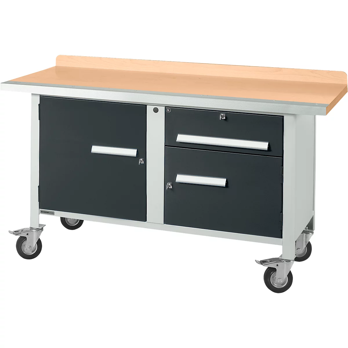 Etabli mobile Schäfer Shop Select PWi 150-3, plateau en hêtre multiplex, avec chant en acier, jusqu'à 400 kg, L 1500 x P 700 x H 840 mm