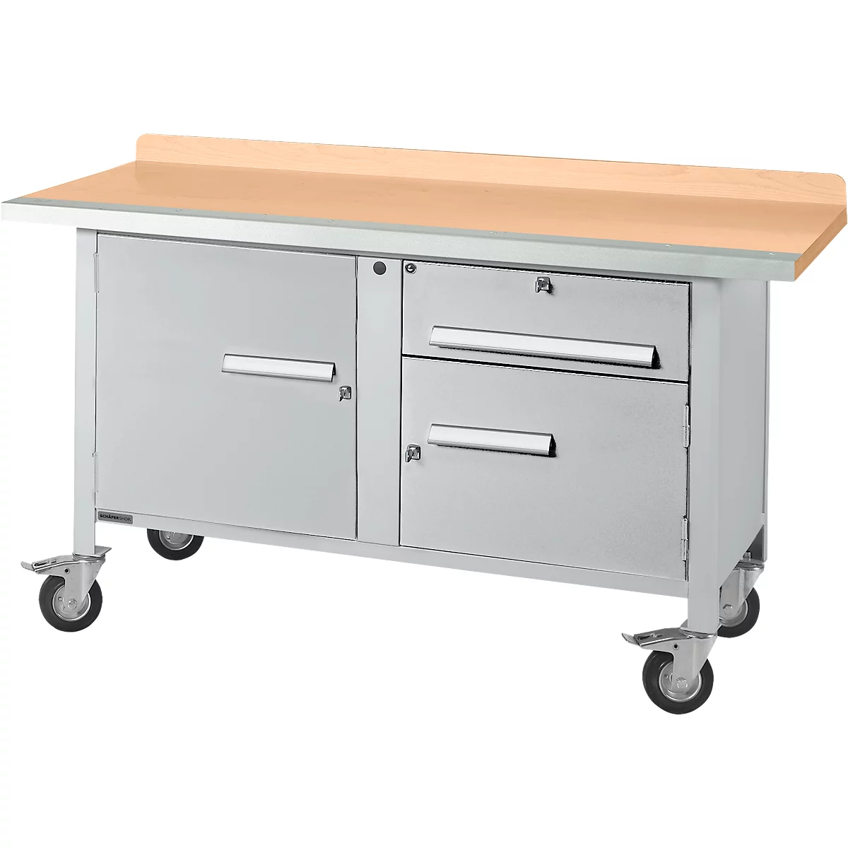 Etabli mobile Schäfer Shop Select PWi 150-3, plateau en hêtre multiplex, avec chant en acier, jusqu'à 400 kg, L 1500 x P 700 x H 840 mm