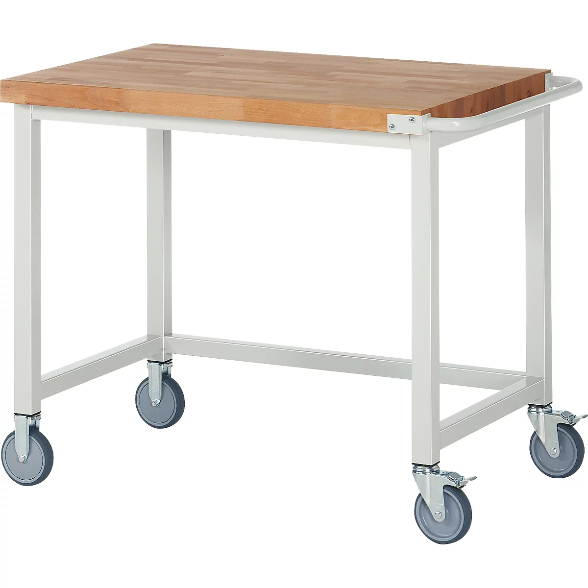 Table de travail mobile avec un plateau en bois clair et un cadre en métal blanc sur quatre roulettes grises.