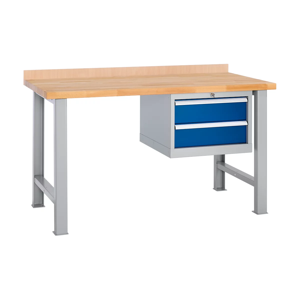 Établi modulaire SSI Schäfer, 3 parties, sous-structure avec 2 tiroirs et verrouillage central, jusqu'à 500 kg, bois de hêtre et acier