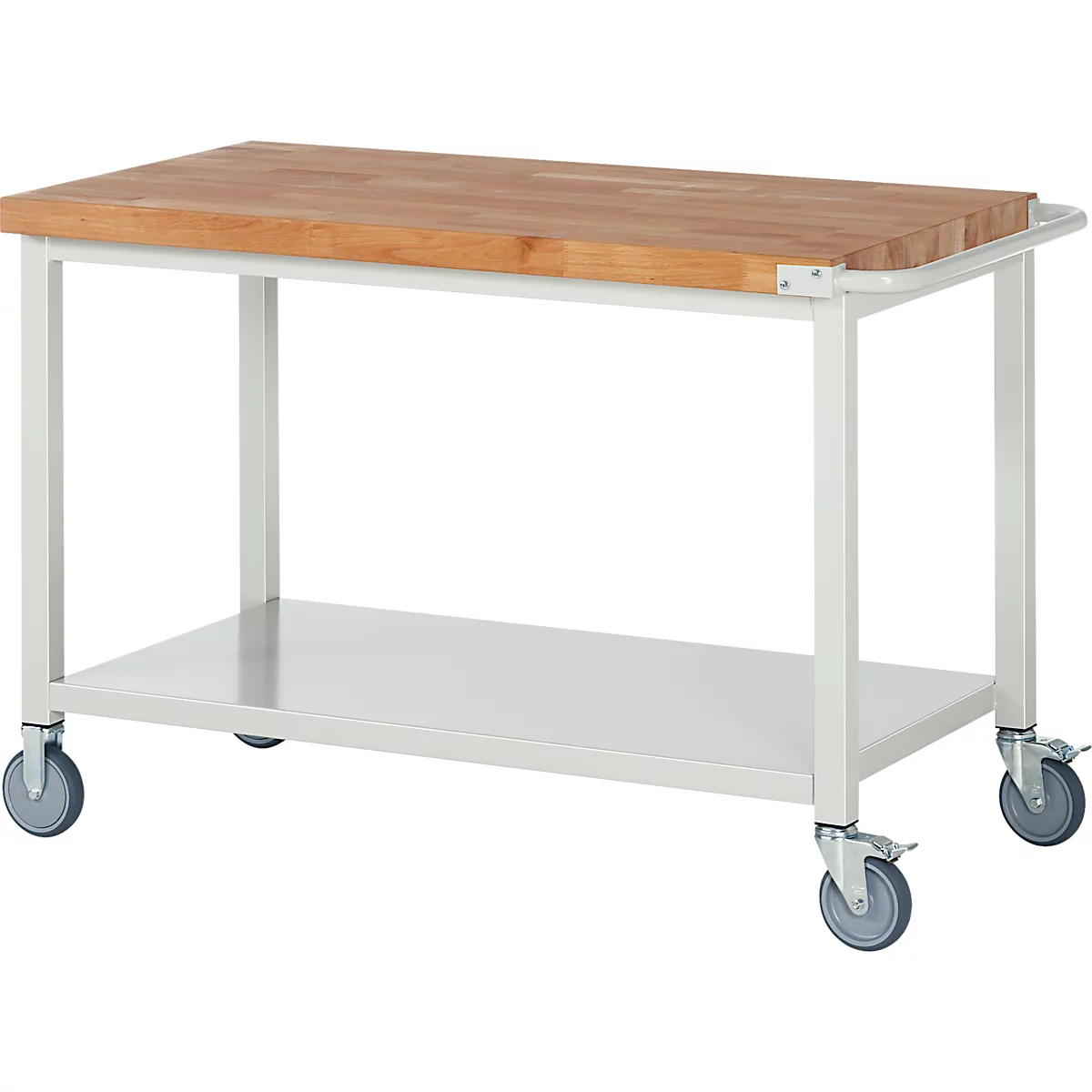 Chariot de cuisine mobile avec cadre en métal blanc, étagère inférieure et plan de travail en bois clair sur quatre roulettes.