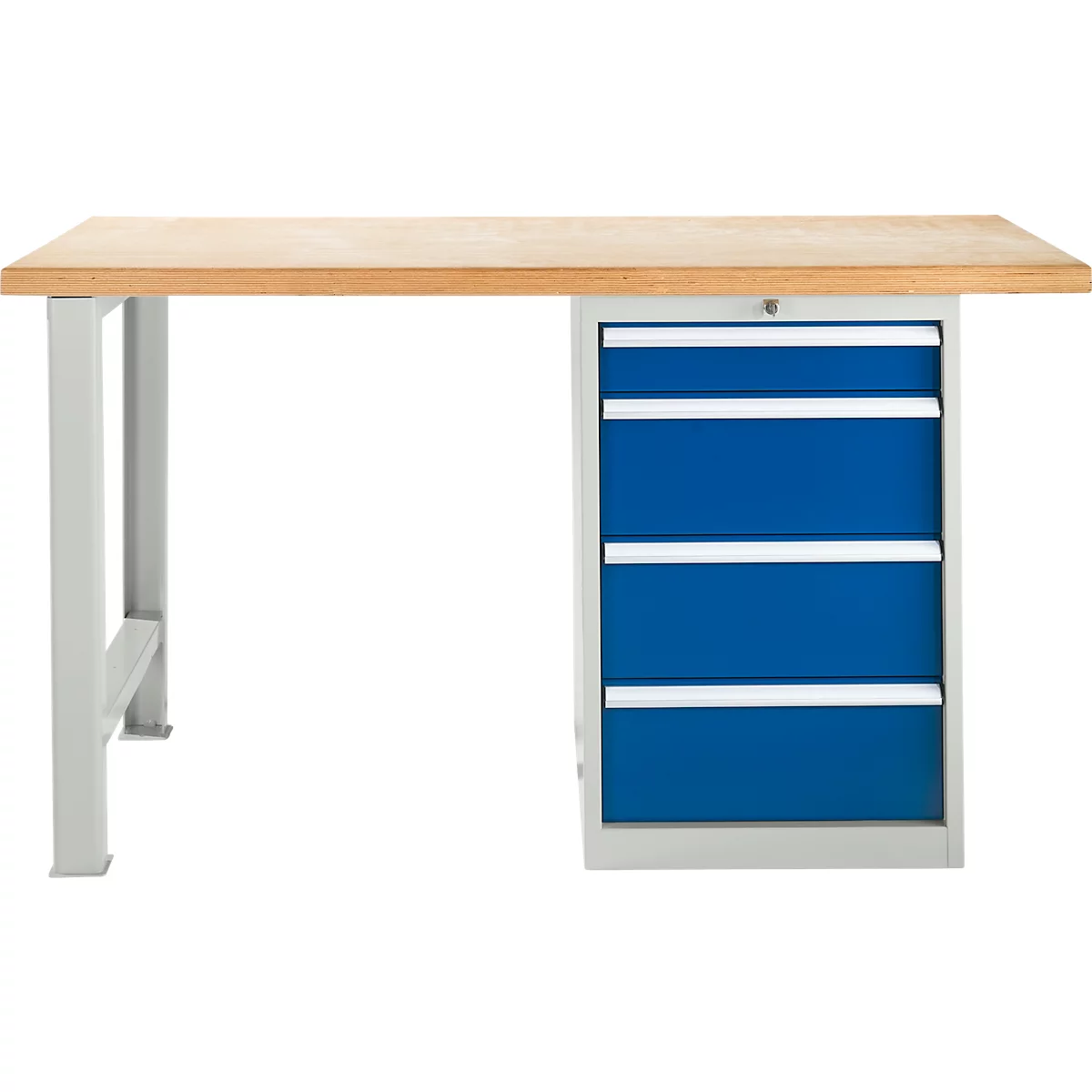 Établi avec dessus en bois, pieds en métal et tiroirs bleus.