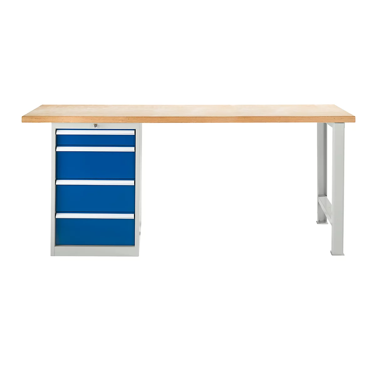 Établi avec plateau en bois, tiroirs bleus et pieds gris.