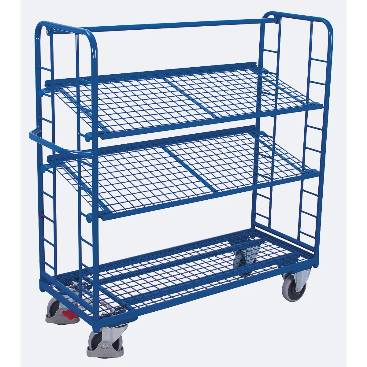 Etagenwagen, Stahl/Drahtgitter, Enzianblau, 3 Etagen, 1650 x 650 mm, Stirnwände mit Rundstahlverstrebung, EasySTOP, bis 400 kg