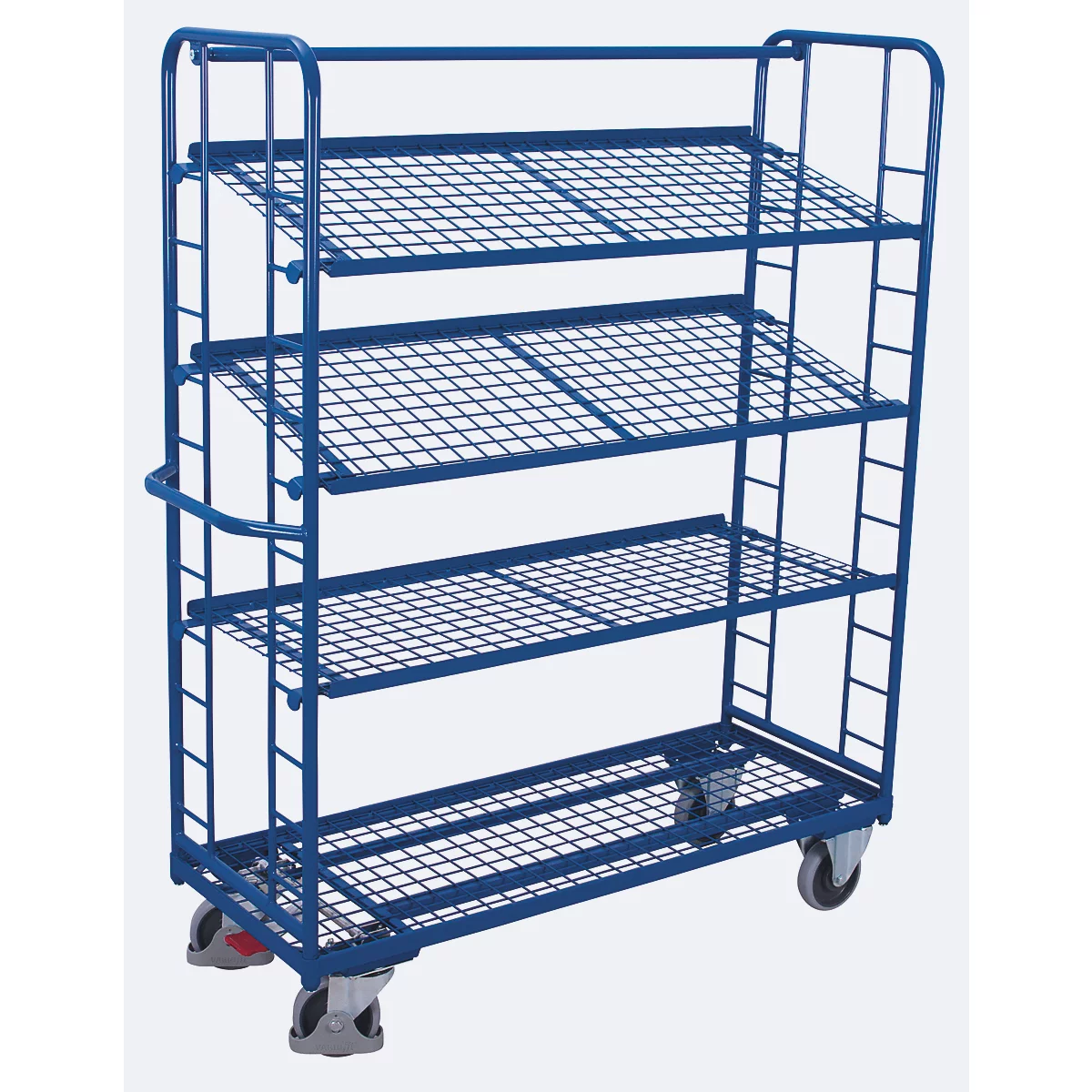 Etagenwagen, Stahl/Drahtgitter, Enzianblau, 4 Etagen, 1650 x 650 mm, Stirnwände mit Rundstahlverstrebung, EasySTOP, bis 400 kg