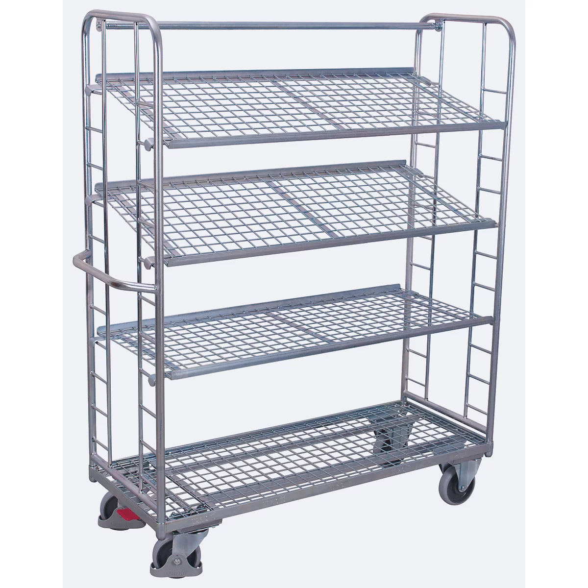 Etagenwagen, Stahl/Drahtgitter, silber, 4 Etagen, 1355 x 550 mm, 2 Stirnwände mit Rundstahlverstrebung, EasySTOP, bis 250 kg