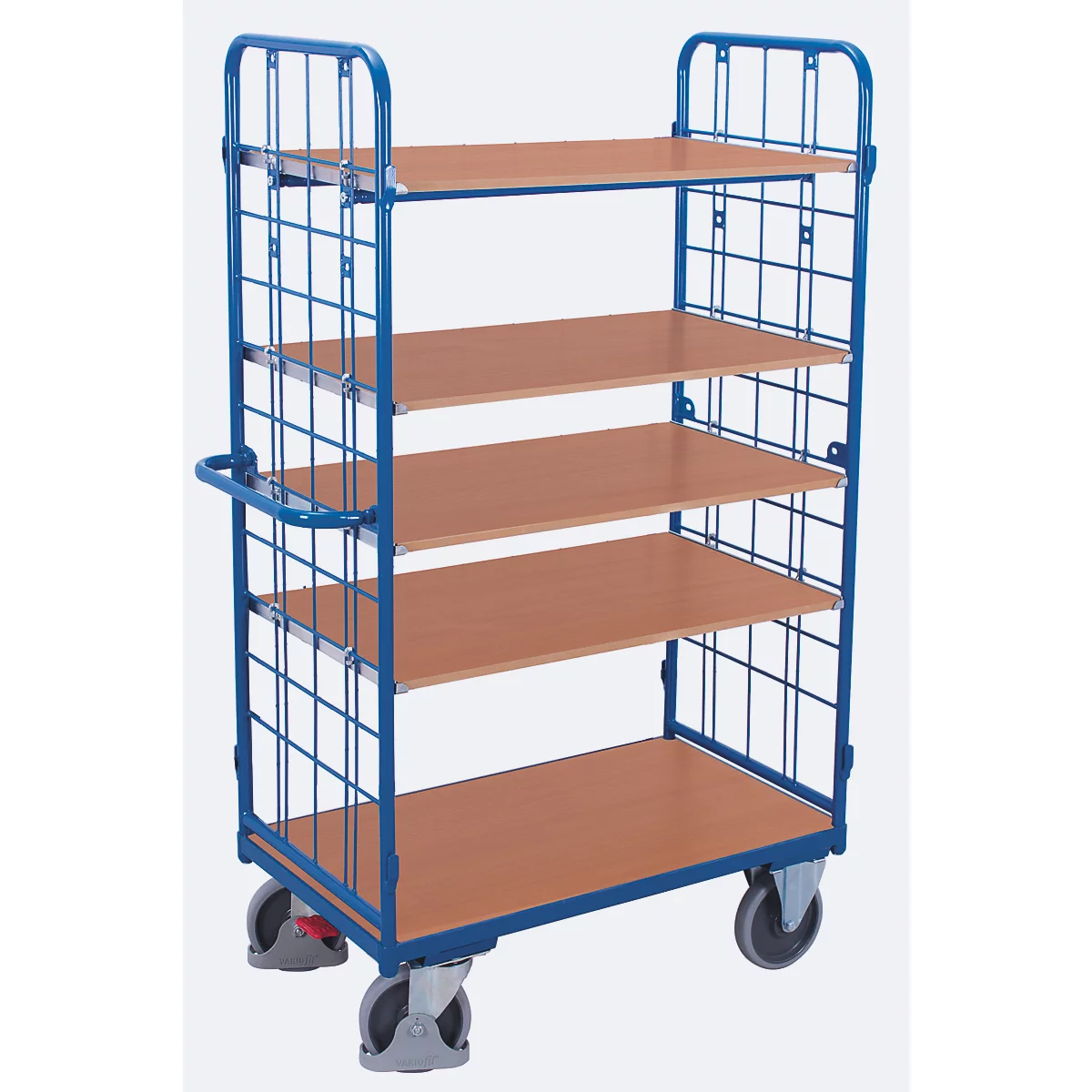 Etagenwagen, Stahl/MDF-Platte, Enzianblau/Buche-Dekor, 1 Etage, 1000 x 600 mm, 2 Stirnwände aus Drahtgitter, EasySTOP, bis 500 kg