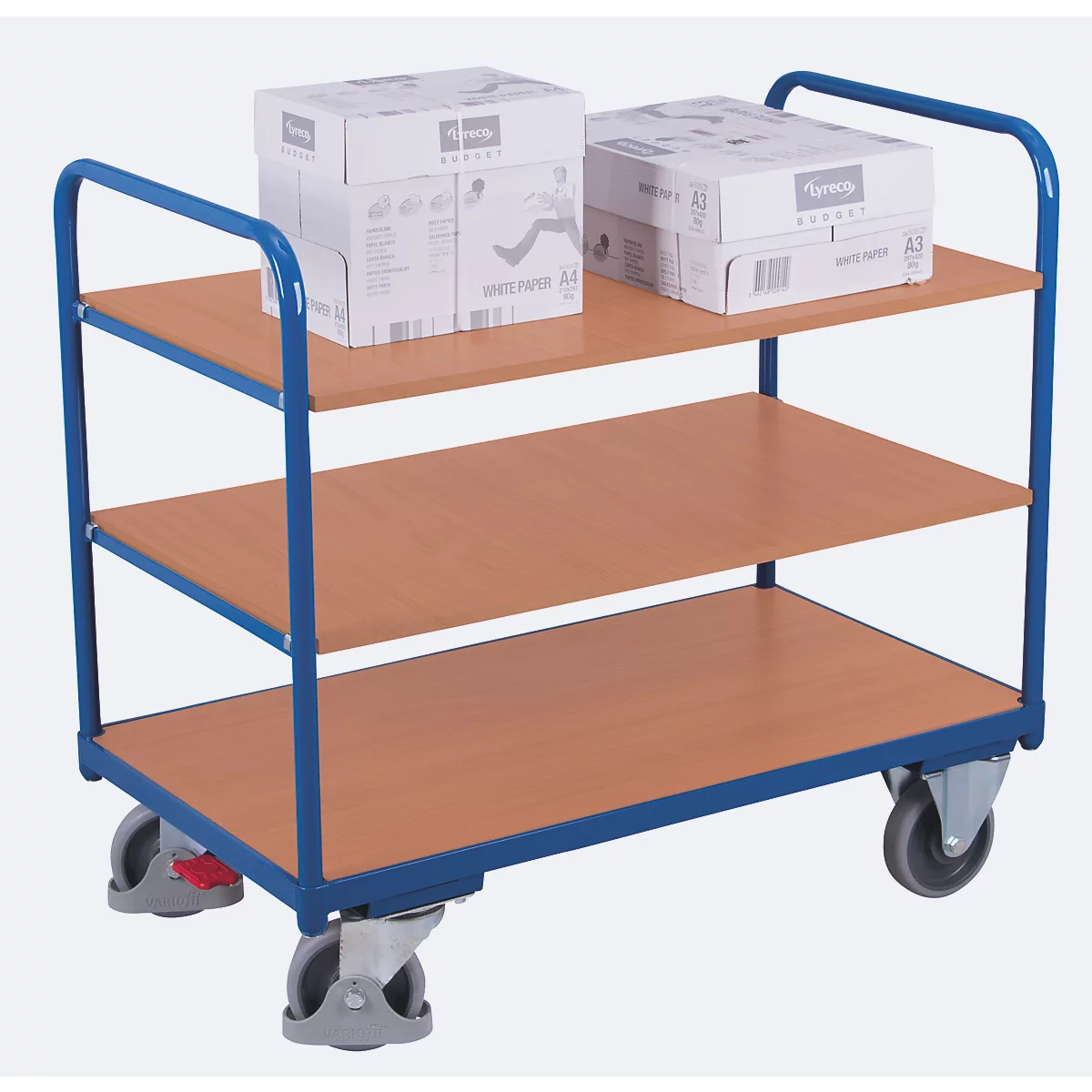 Etagenwagen, Stahl/MDF-Platte, Enzianblau/Buche-Dekor, 3 Etagen, 1200 x 800 mm, EasySTOP, bis 250 kg