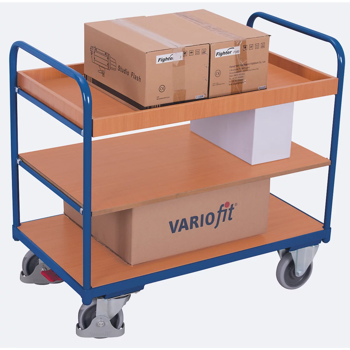 Etagenwagen, Stahl/MDF-Platte, Enzianblau/Buche-Dekor, 3 Etagen, 1200 x 800 mm, EasySTOP, bis 250 kg