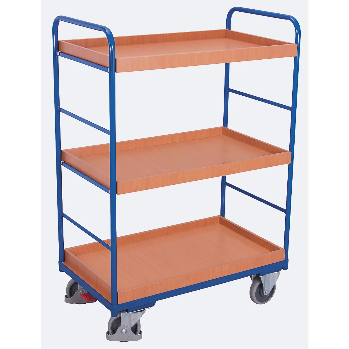 Etagenwagen, Stahl/MDF-Platte, Enzianblau/Buche-Dekor, 3 Etagen, 965 x 555 mm, EasySTOP, bis 250 kg