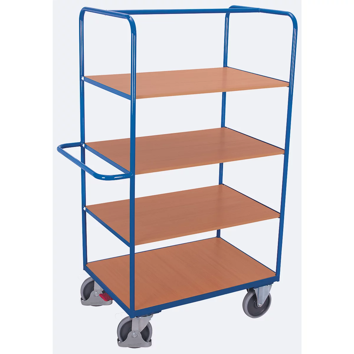 Etagenwagen, Stahl/MDF-Platte, Enzianblau/Buche-Dekor, 4 Etagen, 1175 x 800 mm, EasySTOP, bis 500 kg