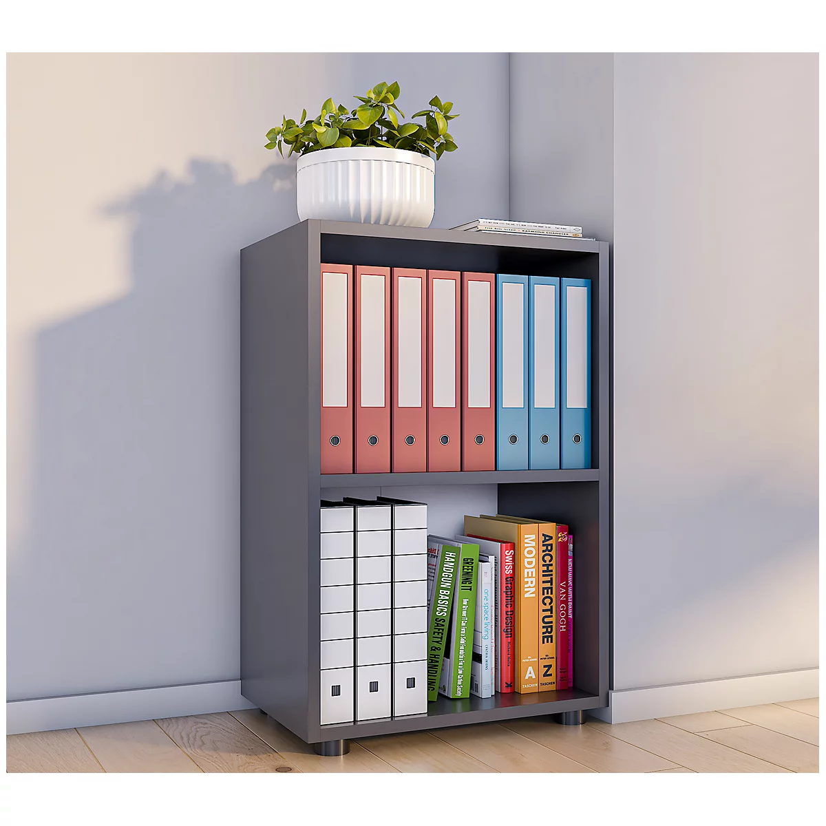 Étagère à dossiers Ulas, 2 hauteurs de classeurs, 1 tablette, pour env. 12 classeurs, L 490 x P 320 x H 740 mm, bois, anthracite
