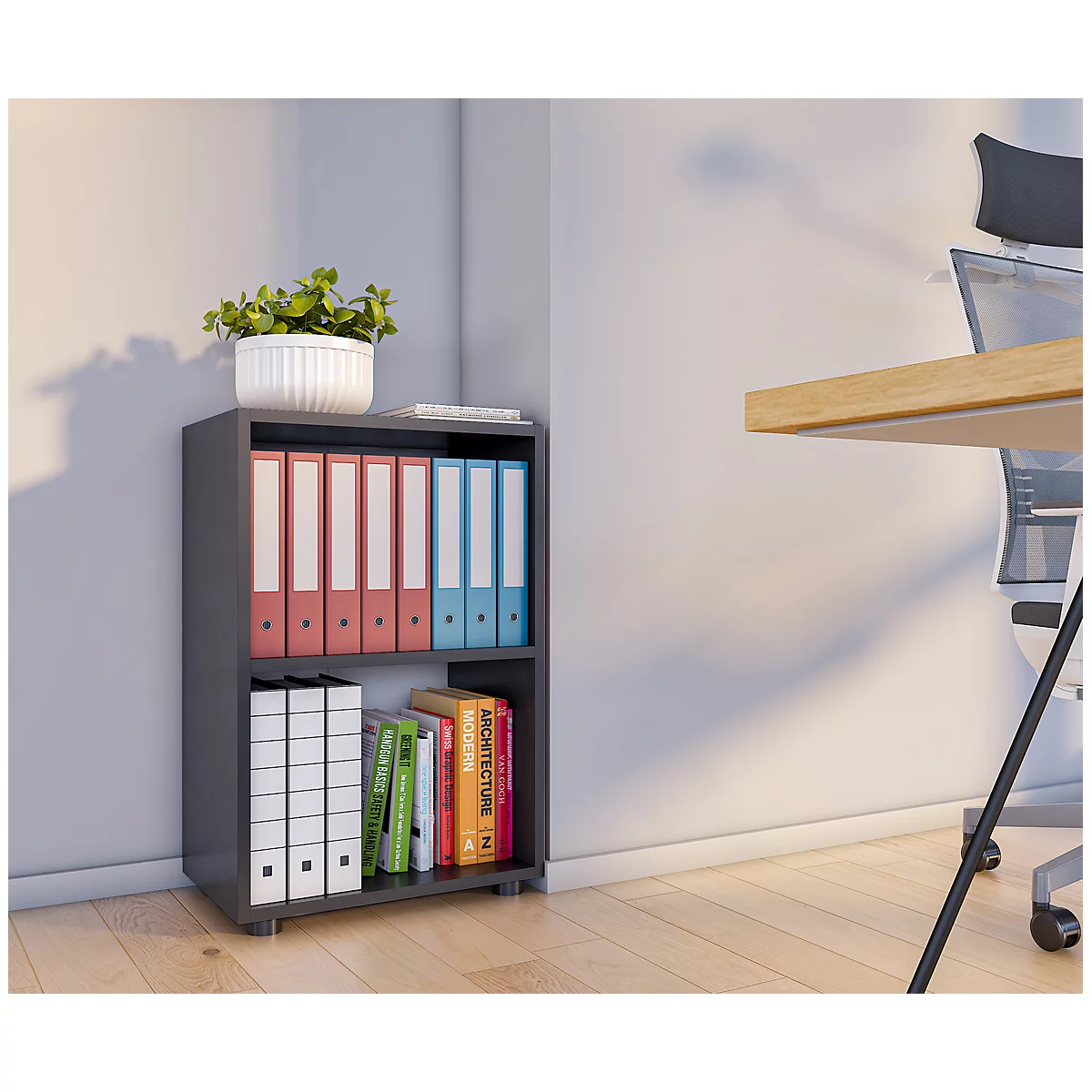 Étagère à dossiers Ulas, 2 hauteurs de classeurs, 1 tablette, pour env. 12 classeurs, L 490 x P 320 x H 740 mm, bois, anthracite