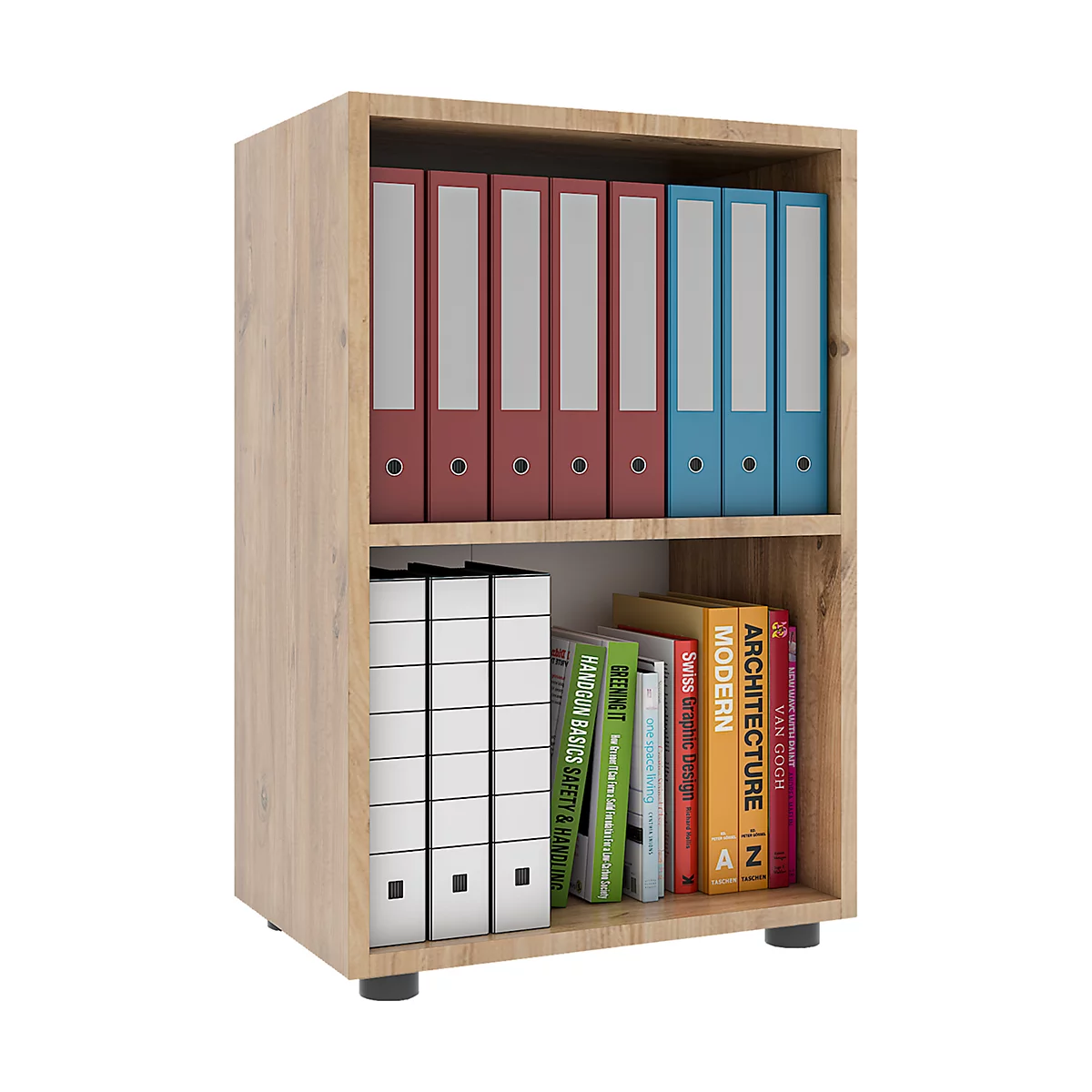 Étagère à dossiers Ulas, 2 hauteurs de classeurs, 1 tablette, pour env. 12 classeurs, L 490 x P 320 x H 740 mm, bois, chêne miel