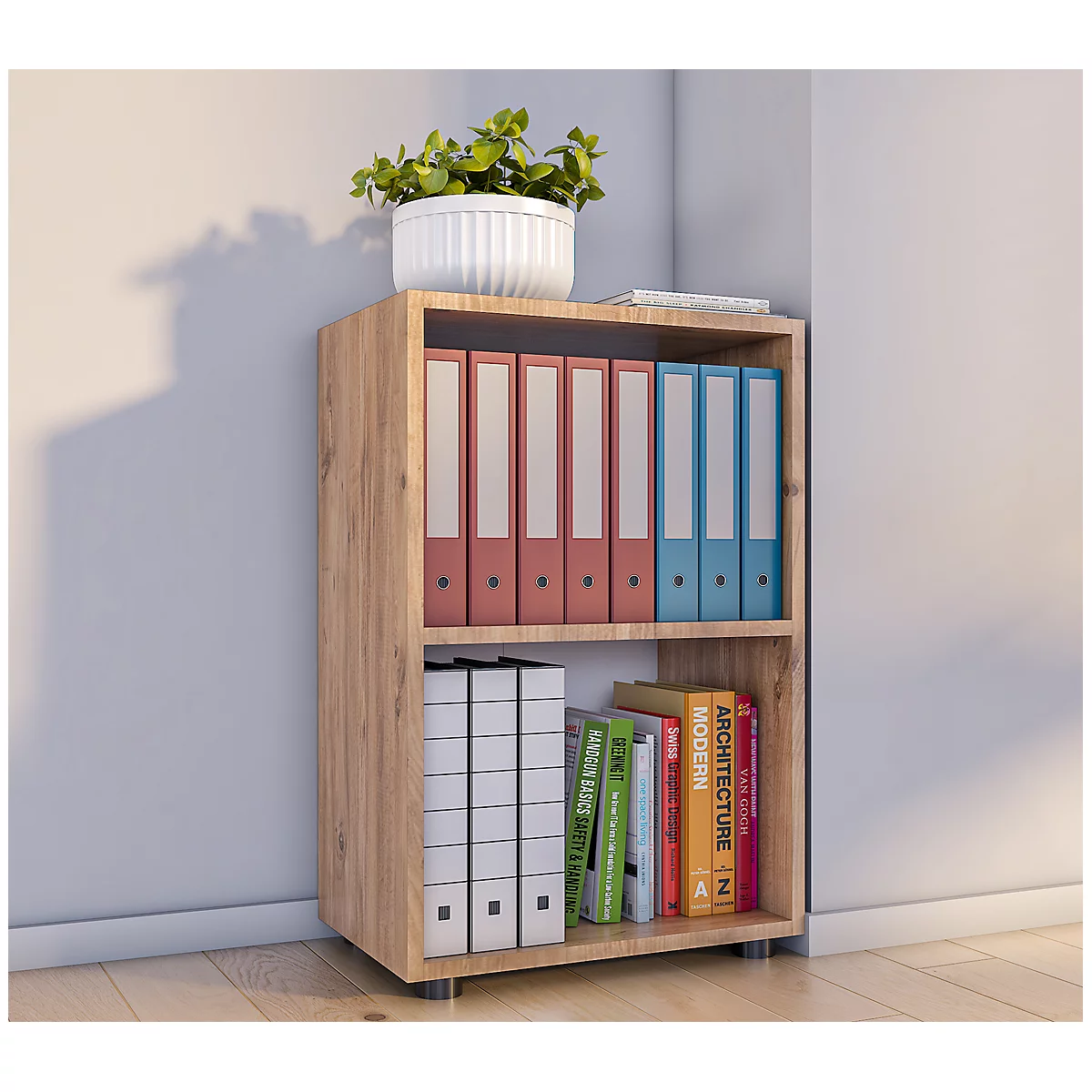 Étagère à dossiers Ulas, 2 hauteurs de classeurs, 1 tablette, pour env. 12 classeurs, L 490 x P 320 x H 740 mm, bois, chêne miel
