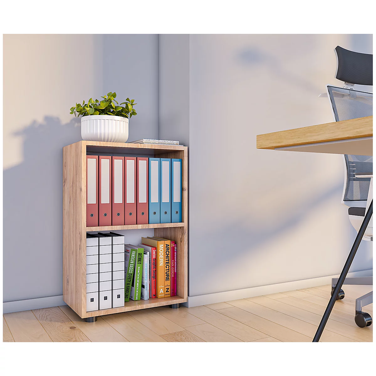 Étagère à dossiers Ulas, 2 hauteurs de classeurs, 1 tablette, pour env. 12 classeurs, L 490 x P 320 x H 740 mm, bois, chêne miel