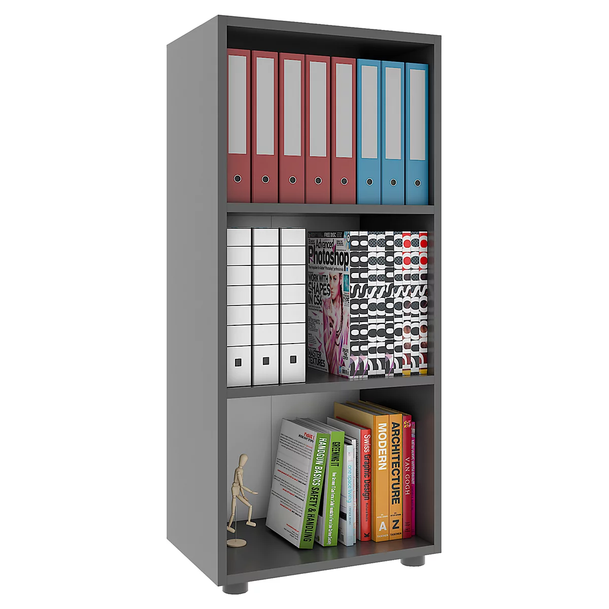 Étagère à dossiers Ulas, 3 hauteurs de classeurs, 2 tablettes, pour env. 18 classeurs, L 490 x P 320 x H 1080 mm, bois, anthracite