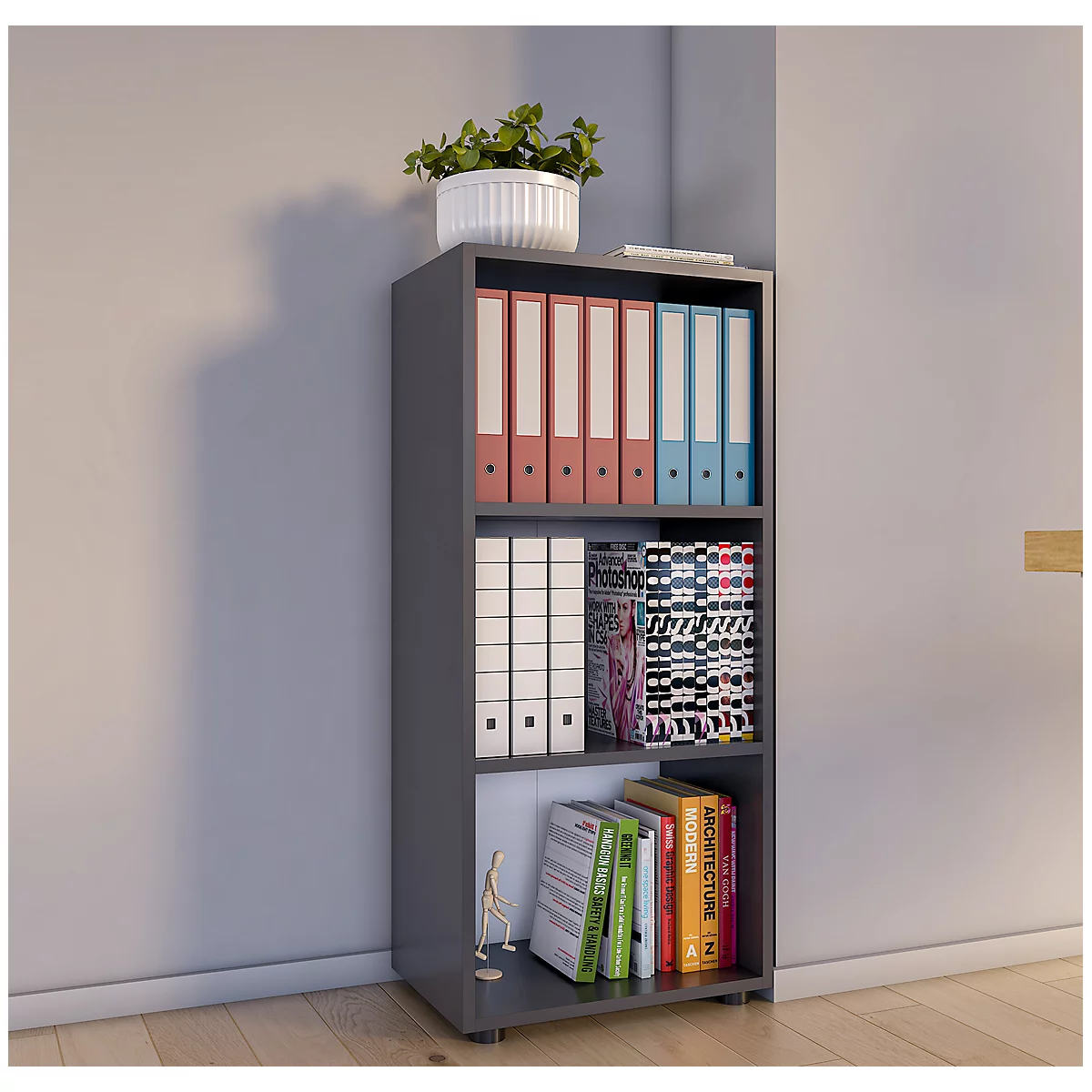 Étagère à dossiers Ulas, 3 hauteurs de classeurs, 2 tablettes, pour env. 18 classeurs, L 490 x P 320 x H 1080 mm, bois, anthracite