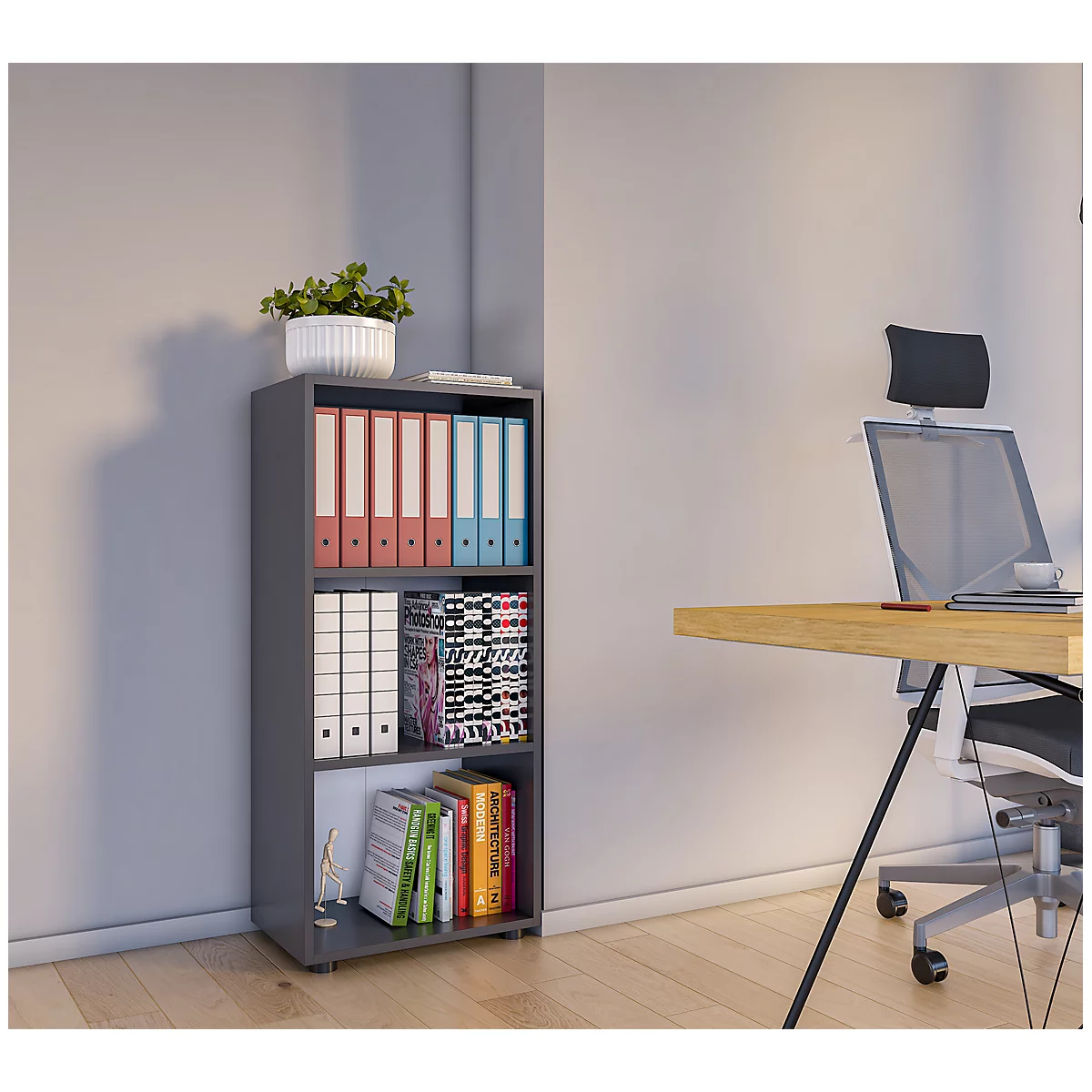 Étagère à dossiers Ulas, 3 hauteurs de classeurs, 2 tablettes, pour env. 18 classeurs, L 490 x P 320 x H 1080 mm, bois, anthracite