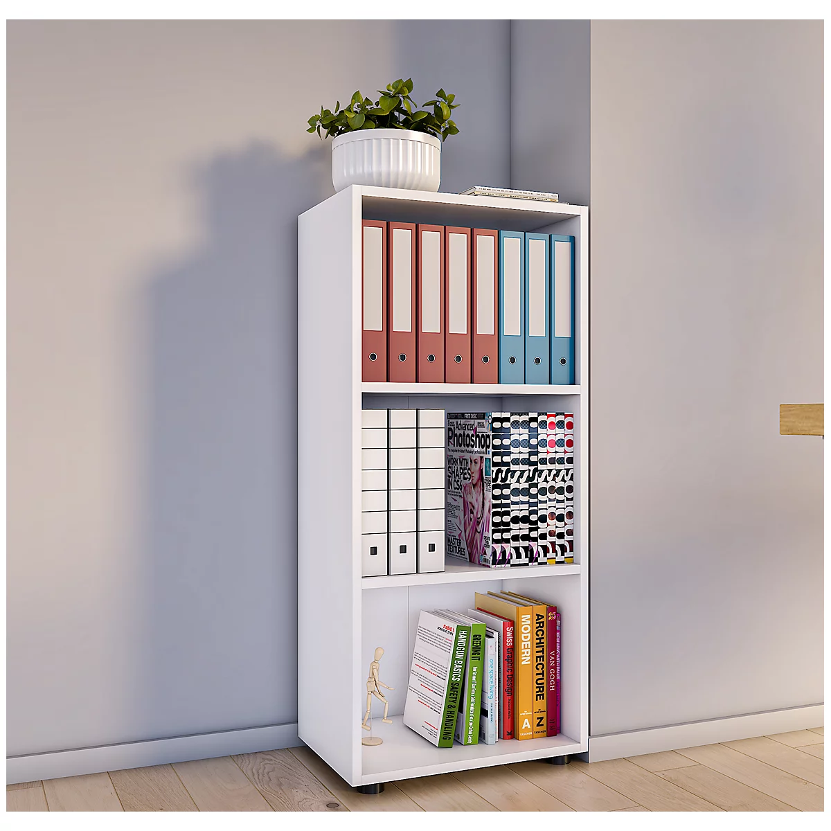 Étagère à dossiers Ulas, 3 hauteurs de classeurs, 2 tablettes, pour env. 18 classeurs, L 490 x P 320 x H 1080 mm, bois, blanc