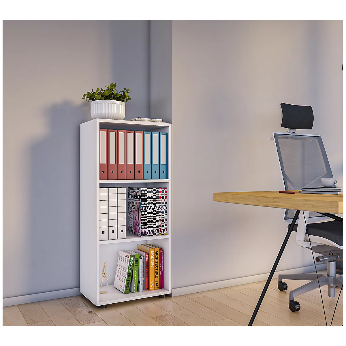 Étagère à dossiers Ulas, 3 hauteurs de classeurs, 2 tablettes, pour env. 18 classeurs, L 490 x P 320 x H 1080 mm, bois, blanc