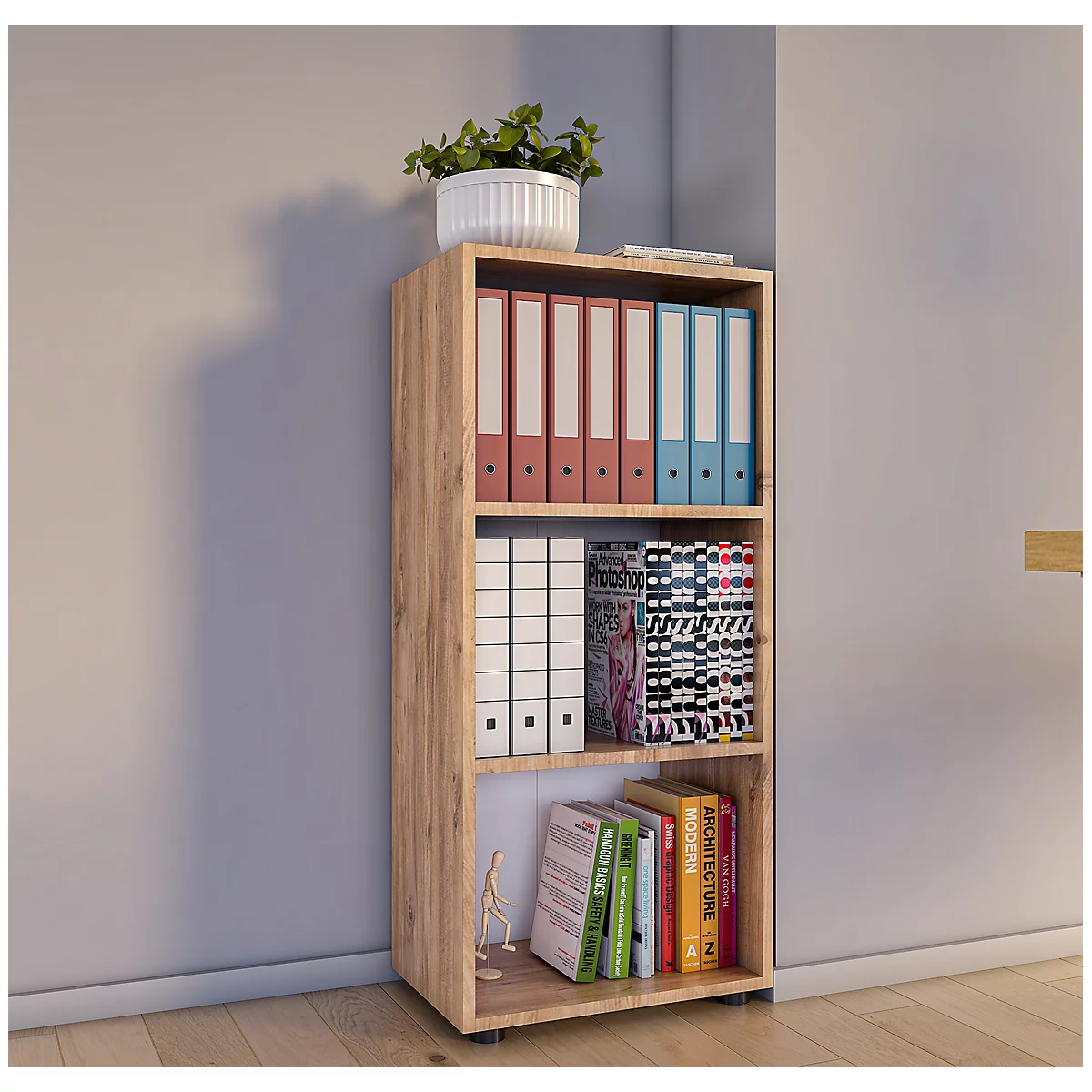 Étagère à dossiers Ulas, 3 hauteurs de classeurs, 2 tablettes, pour env. 18 classeurs, L 490 x P 320 x H 1080 mm, bois, chêne miel