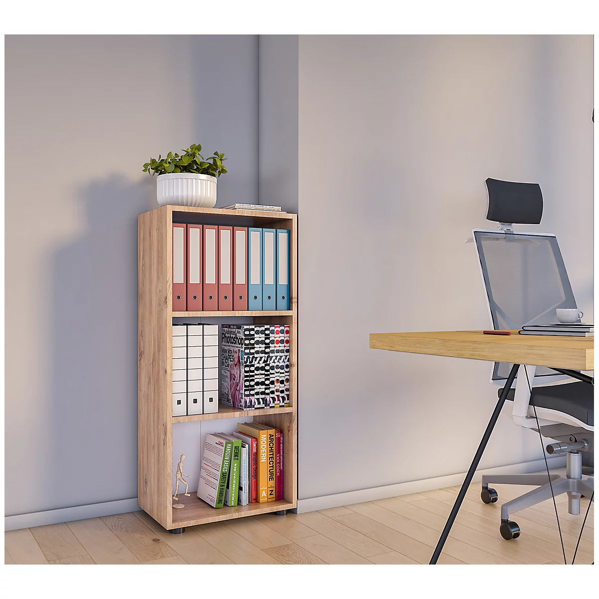 Étagère à dossiers Ulas, 3 hauteurs de classeurs, 2 tablettes, pour env. 18 classeurs, L 490 x P 320 x H 1080 mm, bois, chêne miel