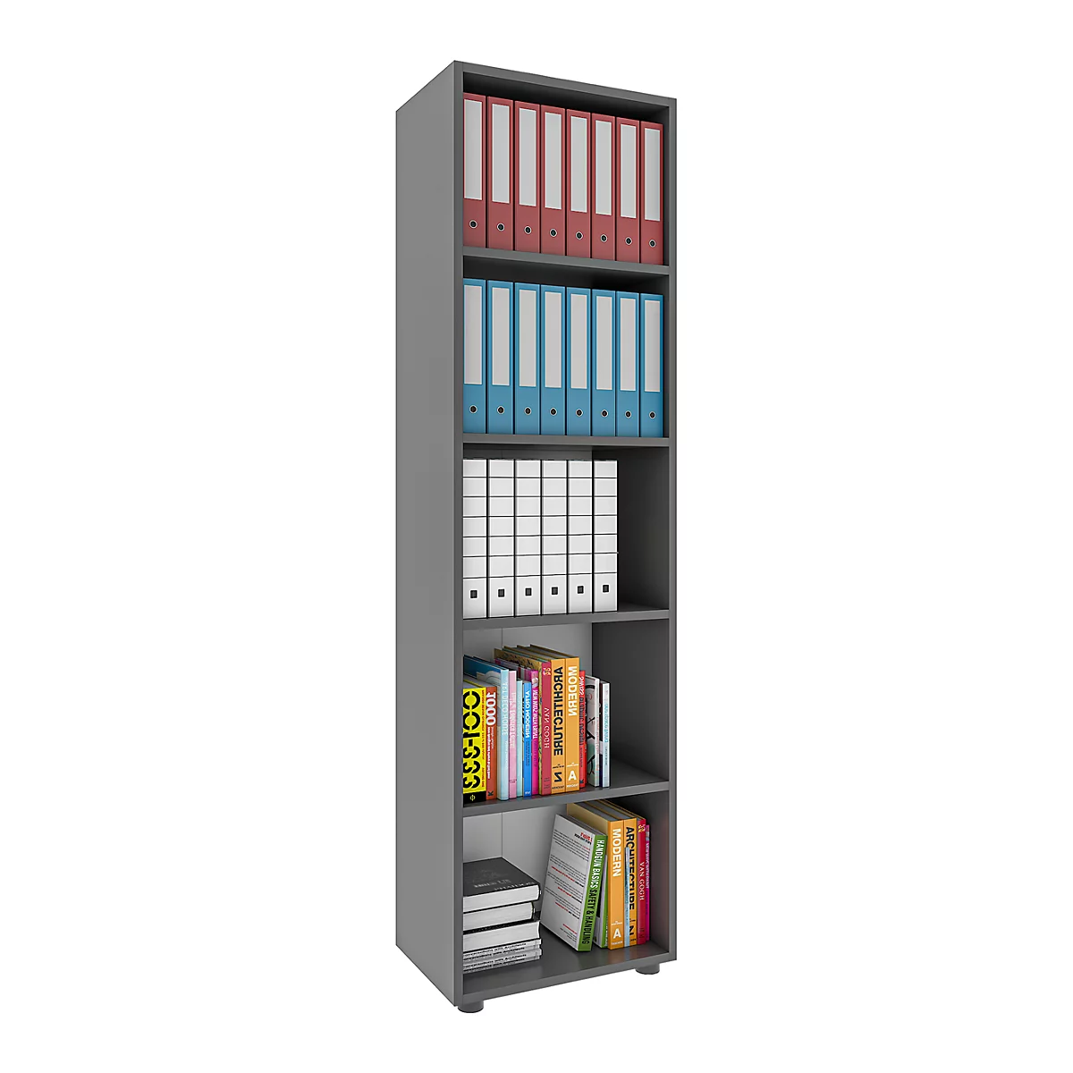 Étagère à dossiers Ulas, 5 hauteurs de classeurs, 4 tablettes, pour env. 30 classeurs, L 490 x P 320 x H 1780 mm, bois, anthracite