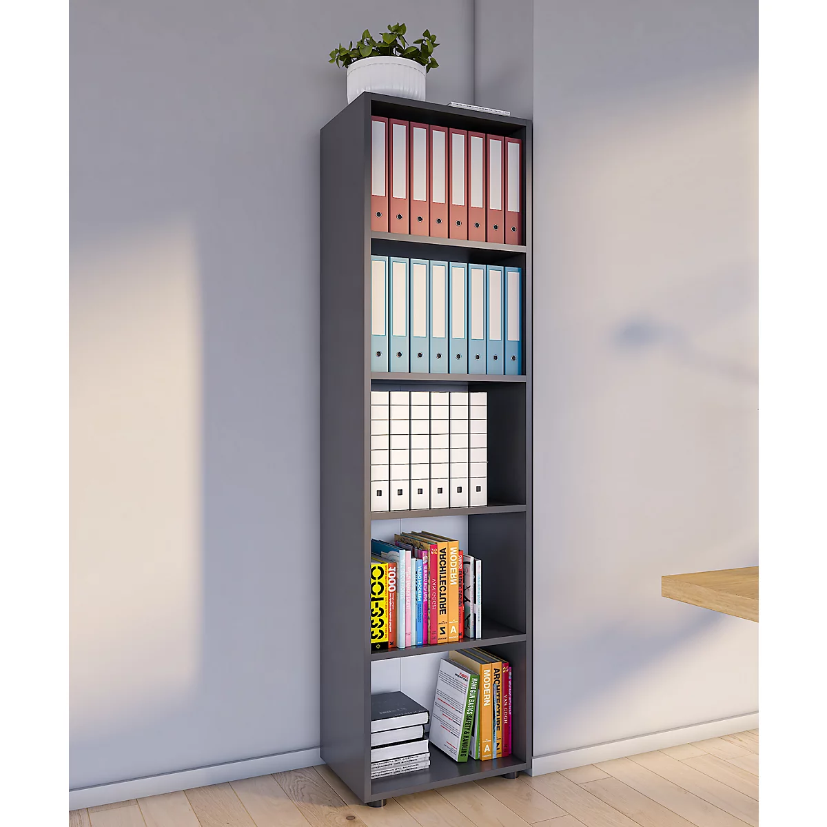 Étagère à dossiers Ulas, 5 hauteurs de classeurs, 4 tablettes, pour env. 30 classeurs, L 490 x P 320 x H 1780 mm, bois, anthracite