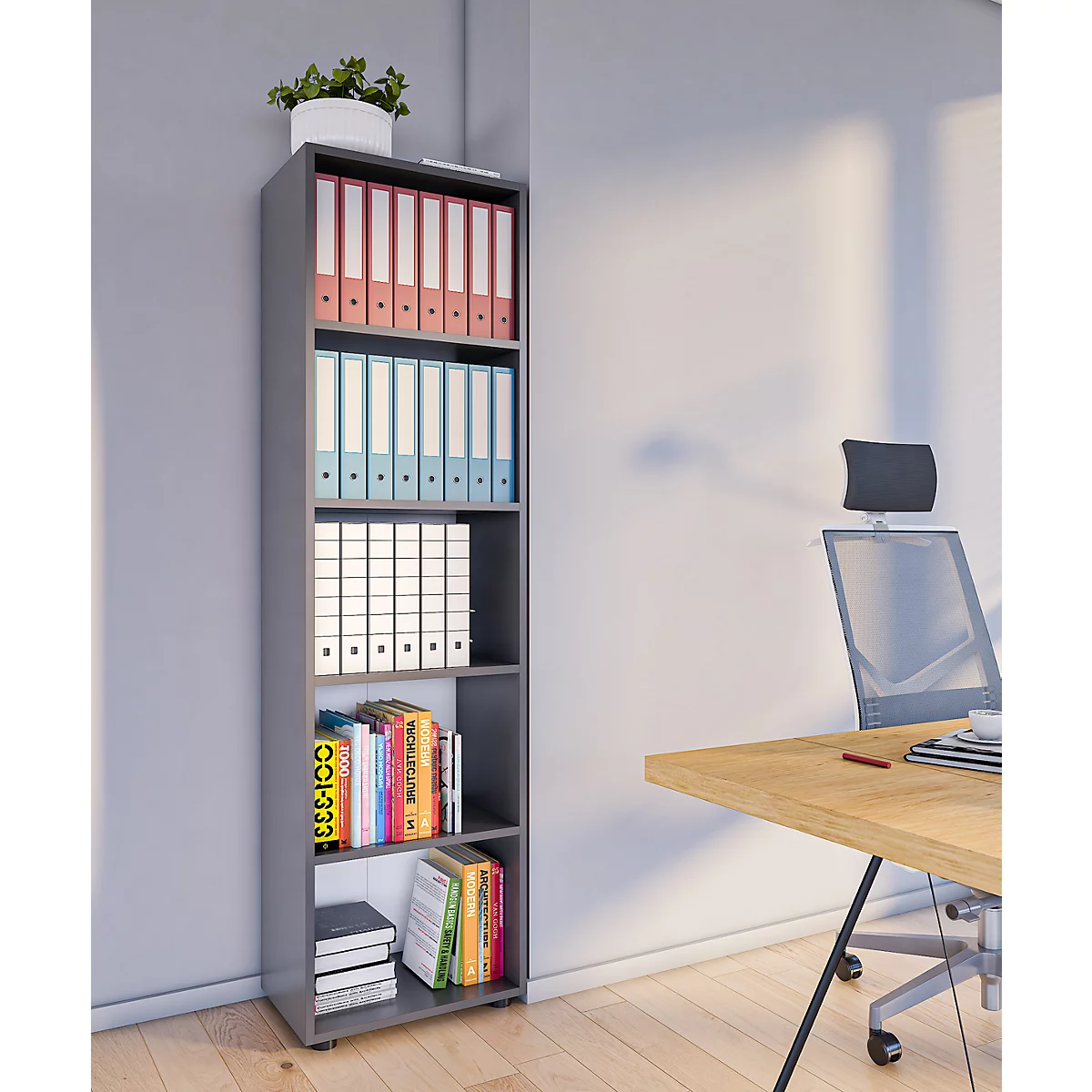 Étagère à dossiers Ulas, 5 hauteurs de classeurs, 4 tablettes, pour env. 30 classeurs, L 490 x P 320 x H 1780 mm, bois, anthracite